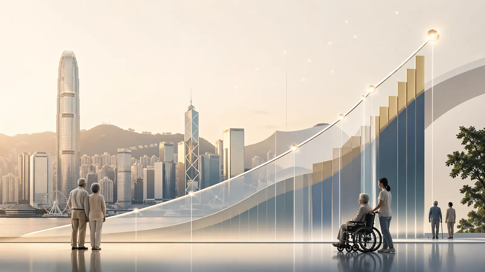 Chart: Hong Kong population aged 65 and over rising from 20.5% in 2021 to a projected 36.0% in 2046, with 79,147 RCHE places as of June 2024