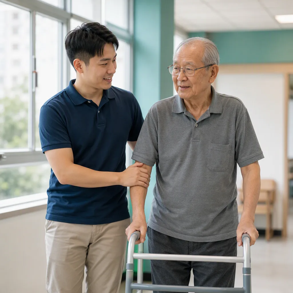 A therapist guiding an elderly man walking with a frame in a bright community centre